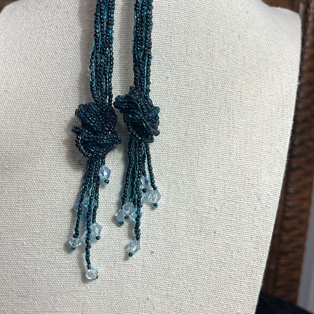 Artisan Boho Extra Long Tassel Fringe Peacock Blue Seed Beaded Dangle Earrings - Picture 6 of 9